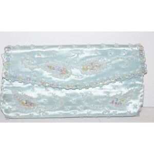 Vtg Frederick & Nelson Clutch Handbag S Baby Blue Beaded satin Purse Bag